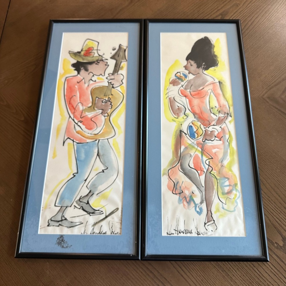 Kenneth Abendana Spencer Jamaican Art Original Watercolor Pair Musician READ